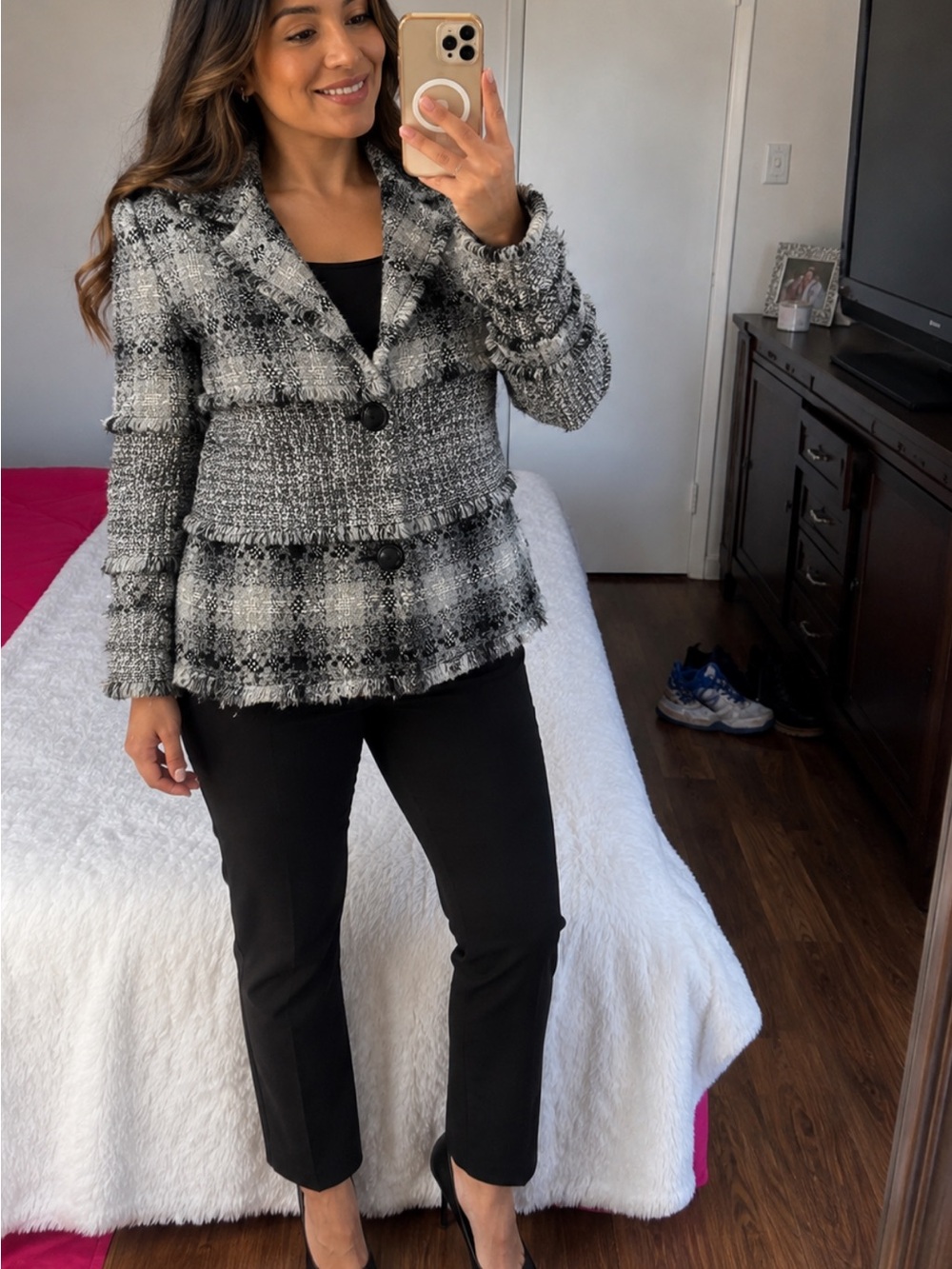 Ruby Rd. Black and White Tweed Fringed Blazer
